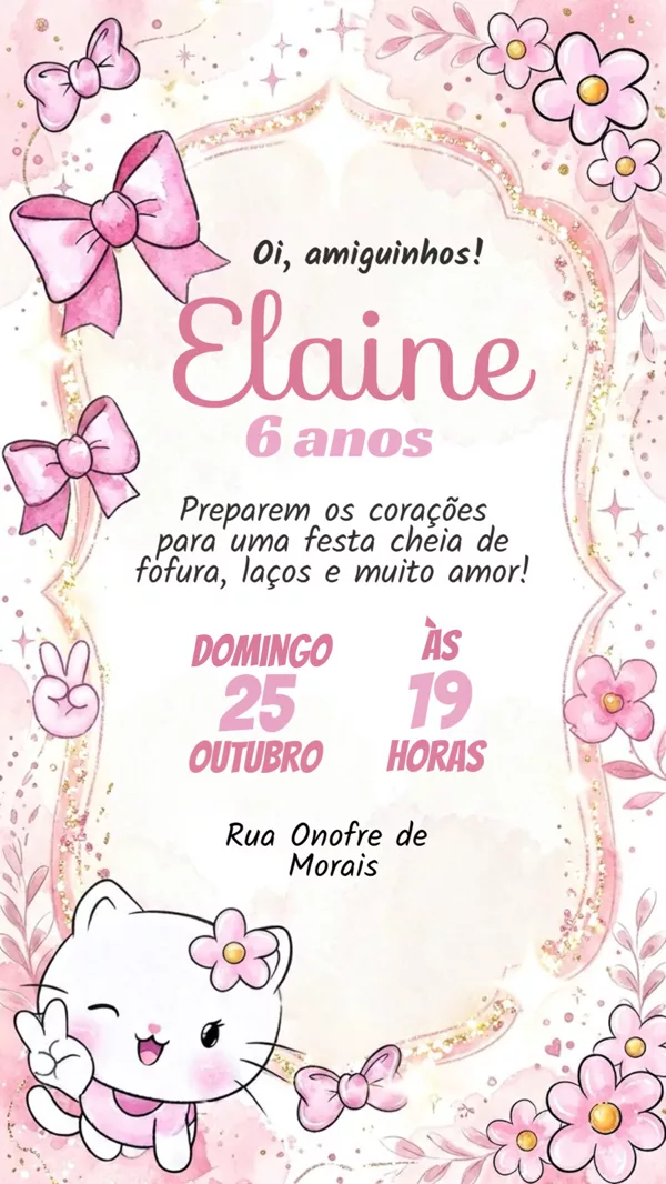 Convite Animado Aniversário Gatinha Kitty Rosa Para Editar Online