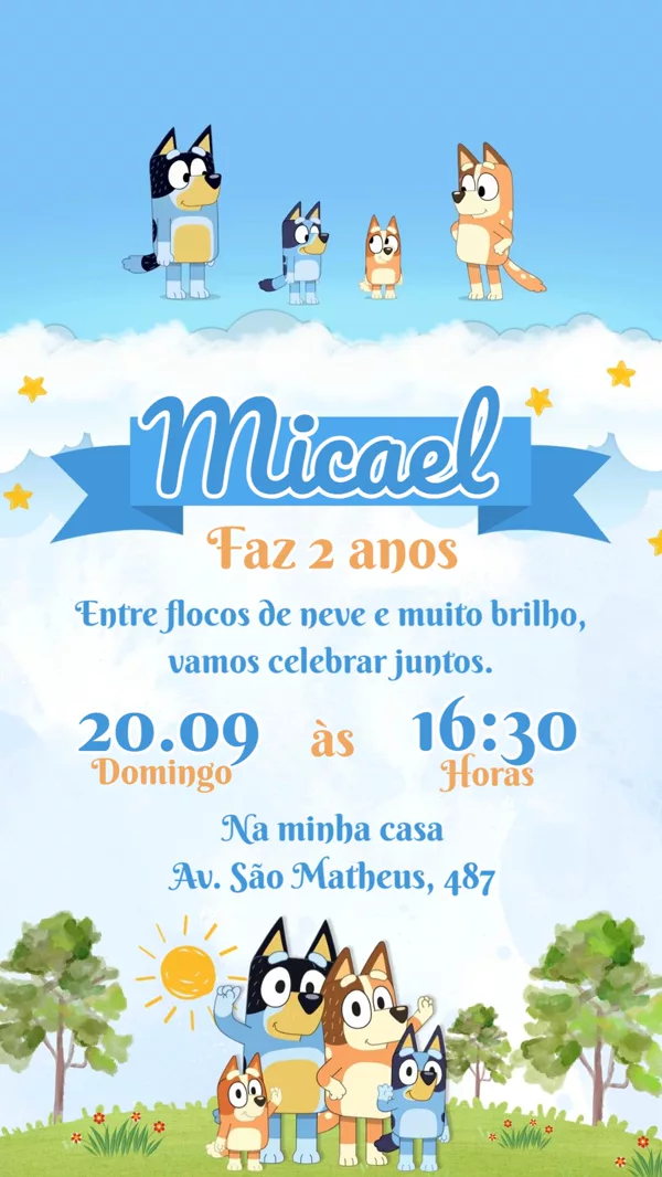Convite Animado Aniversário Bluey Para Editar Online