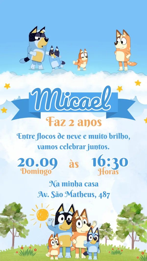 Convite Animado Aniversário Bluey Para Editar Online