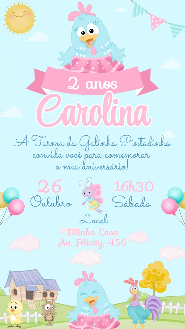 Convite Aniversário Galinha Pintadinha Rosa Para Editar Online