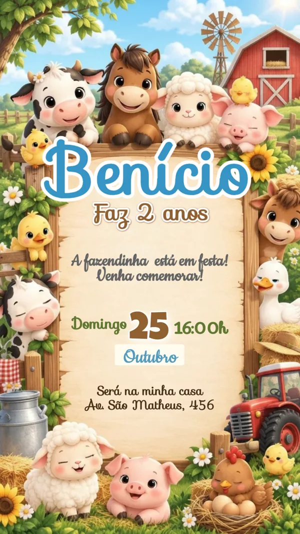 Convite Animado Aniversário Fazendinha Animais Para Editar Online