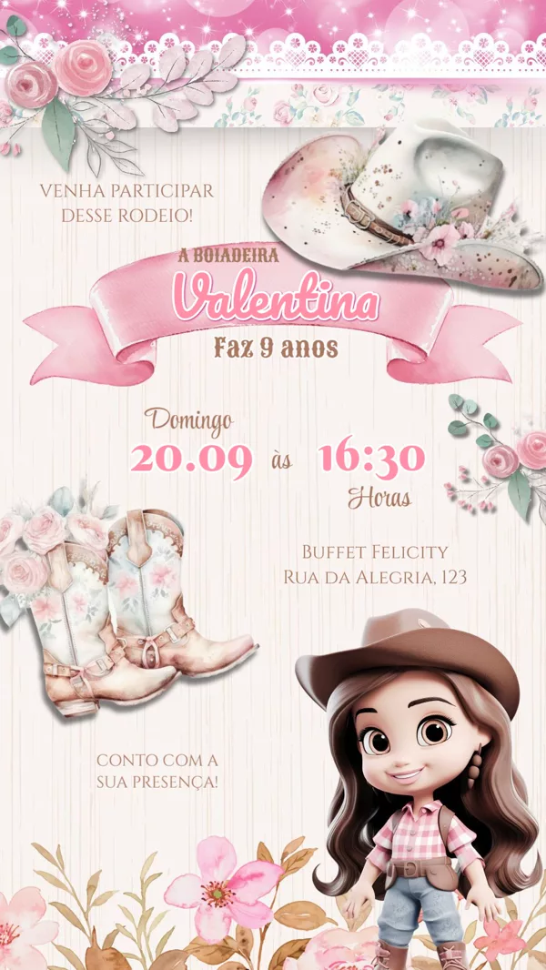 Convite Aniversário Boiadeira Rosa Floral Para Editar Online