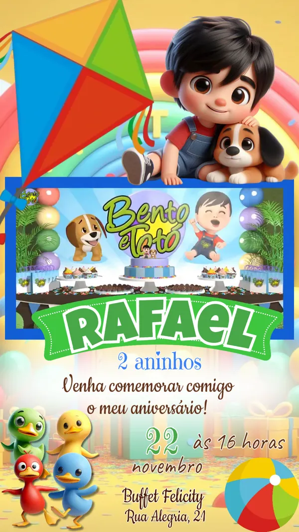Convite Animado Aniversário Bento e Totó Para Editar Online
