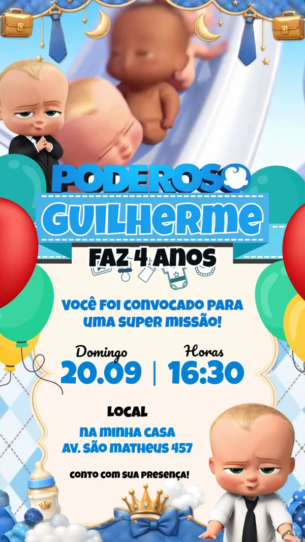 Convite Animado Aniversário Poderoso Chefinho Azul Para Editar Online