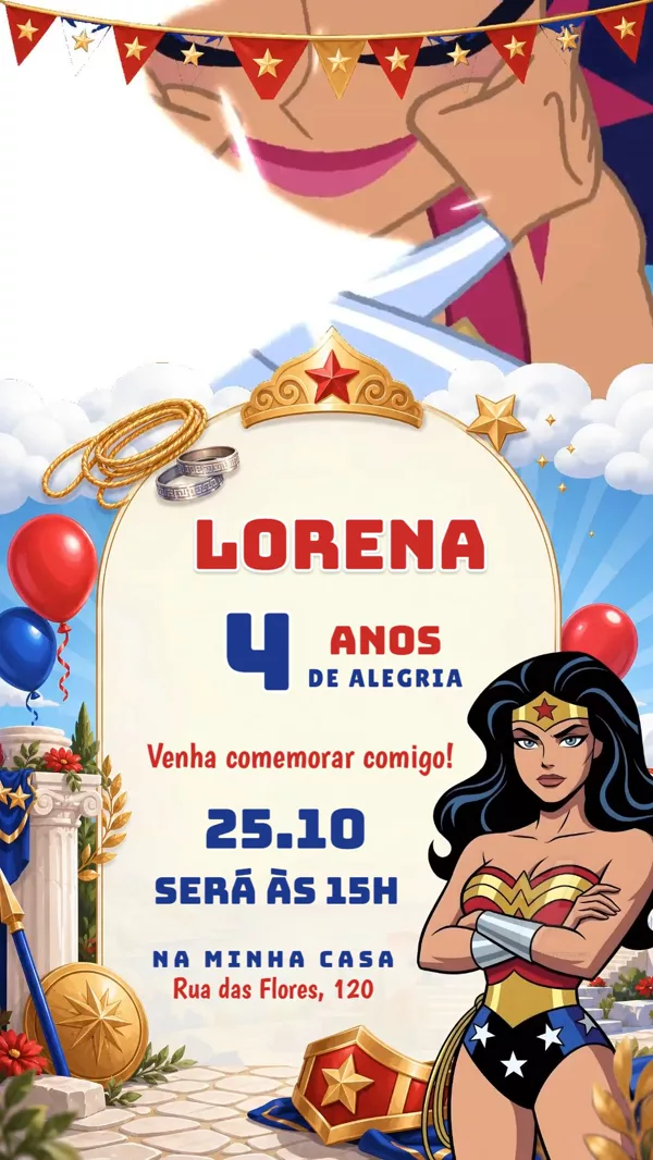 Convite Animado Aniversário Mulher Vermelha e Azul Para Editar Online