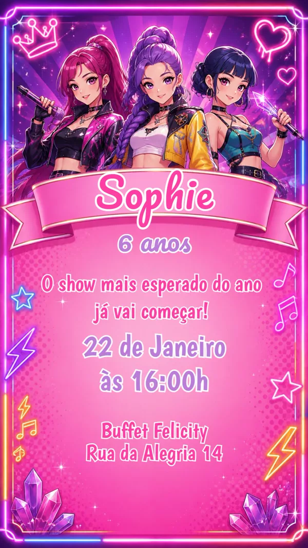 Convite Aniversário Guerreiras K-Pop Neon Para Editar Online
