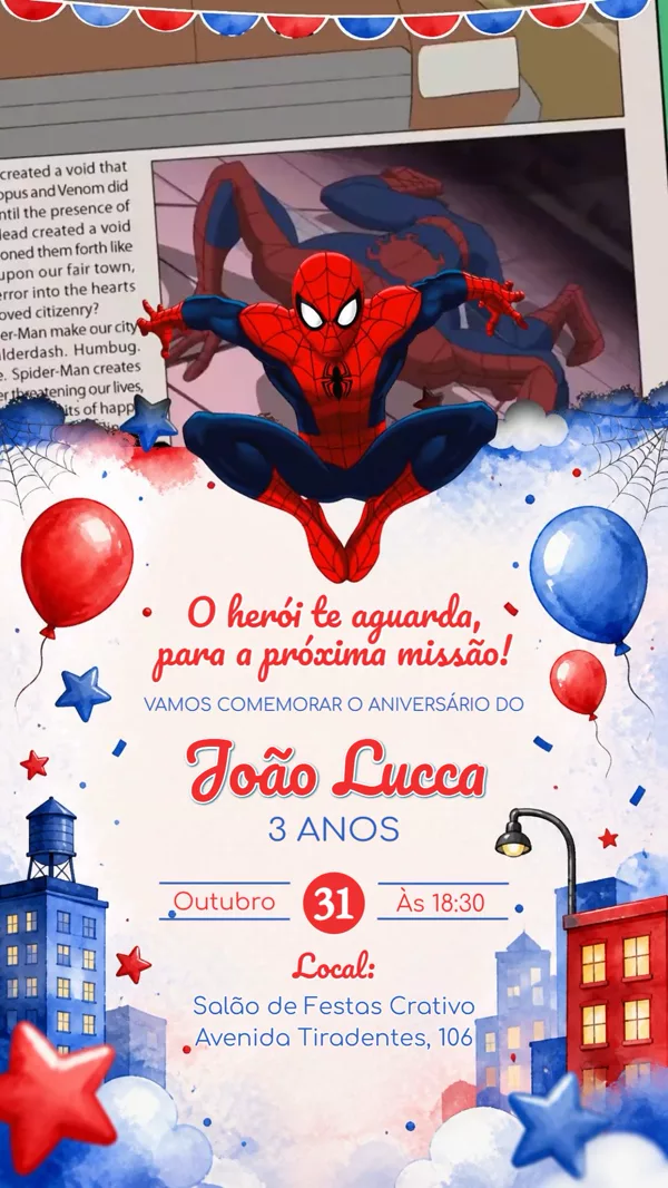 Convite Animado Aniversário Homem-Aranha Quadrinho Para Editar Online