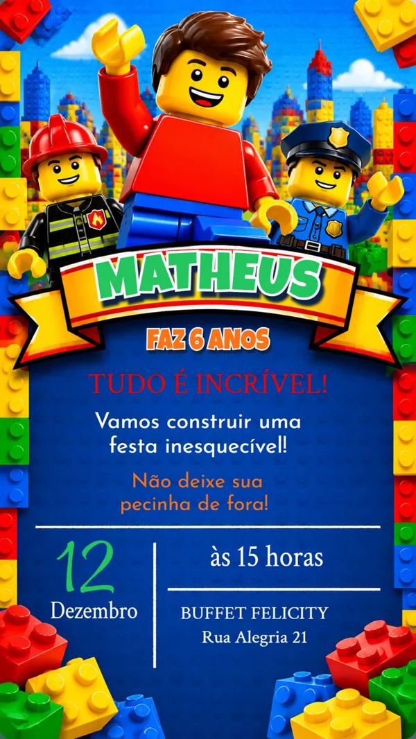 Convite Aniversário Lego Cidade Para Editar Online