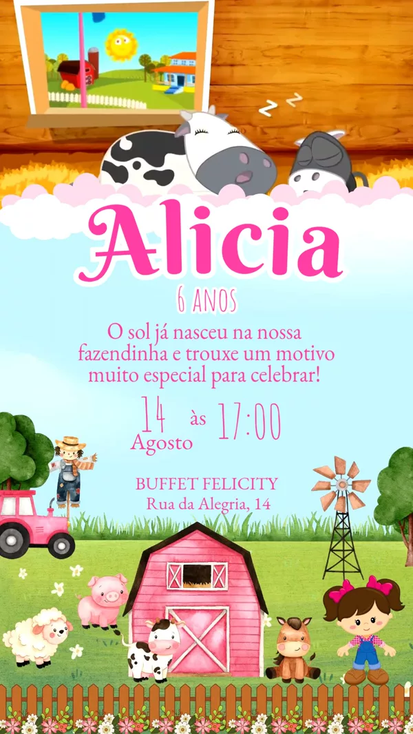 Convite Animado Aniversário Fazendinha Rosa Para Editar Online