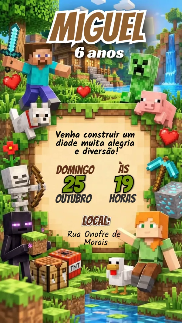 Convite Animado Aniversário Minecraft Steve Para Editar Online