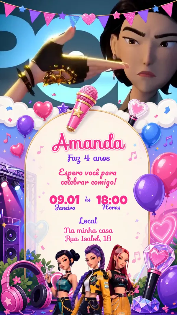 Convite Animado Aniversário Guerreiras do K-Pop Para Editar Online