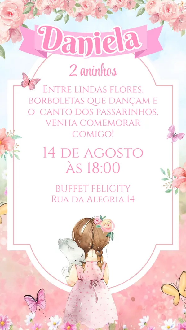Convite Aniversário Jardim Florido Rosa Borboletas Para Editar Online