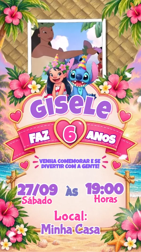 Convite Animado Aniversário Lilo e Stitch Rosa Para Editar Online