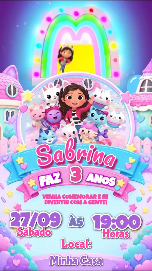 Convite Animado Aniversário Casa Mágica da Gabby Para Editar Online