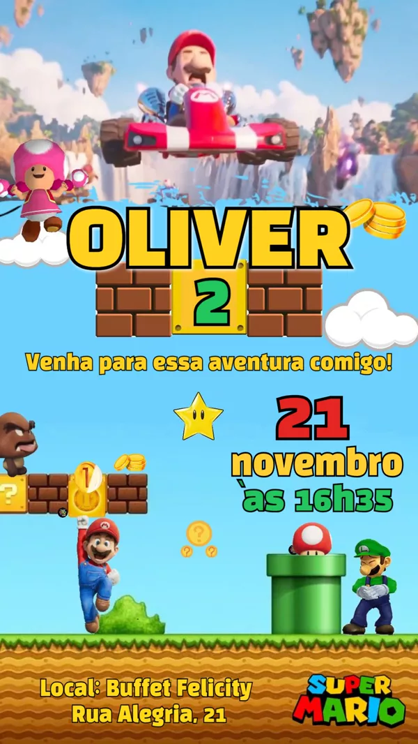 Convite Animado Aniversário Super Mário Bros Para Editar Online