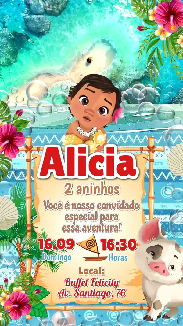 Convite Animado Aniversário Moana Baby Praia Para Editar Online