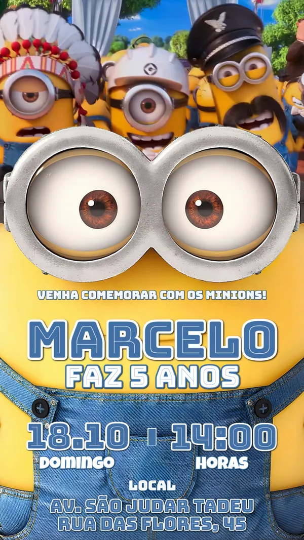 Convite Animado Aniversário Minions Amarelo Para Editar Online