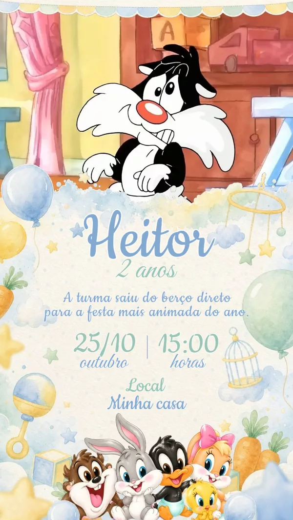 Convite Animado Aniversário Looney Tunes Baby Para Editar Online