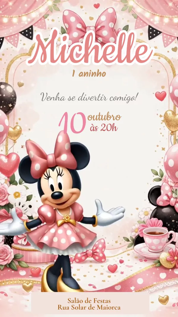 Convite Animado Aniversário Minnie Rosa Chá Para Editar Online