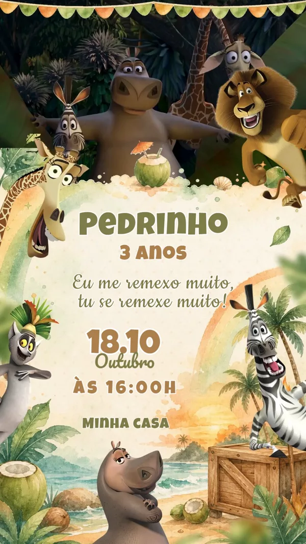 Convite Animado Aniversário Madagascar Praia Para Editar Online