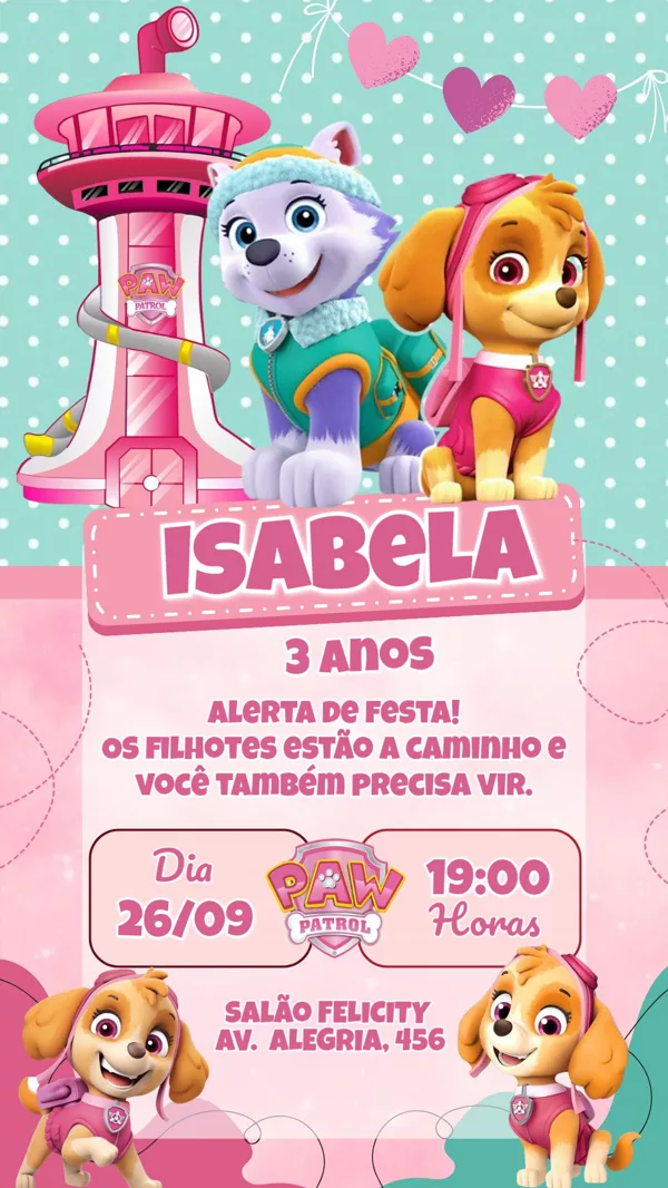Convite Aniversário Patrulha Canina Rosa Skye Para Editar Online
