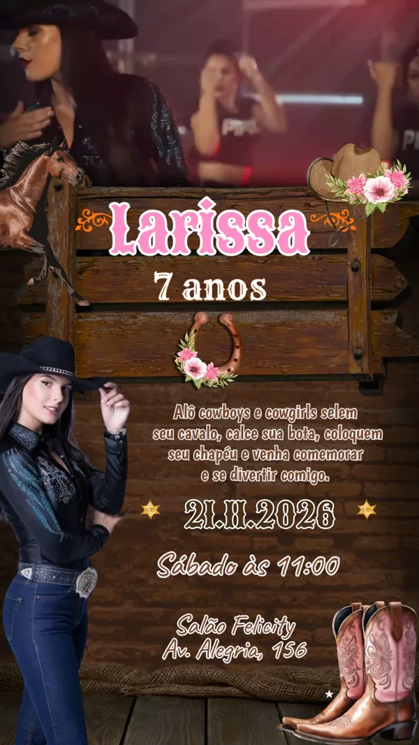 Convite Animado Aniversário Boiadeira Rosa Country Para Editar Online