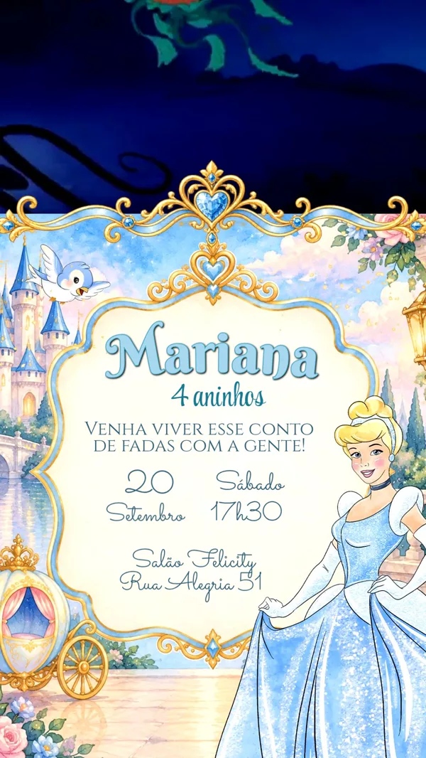 Convite Animado Aniversário Cinderela Para Editar Online
