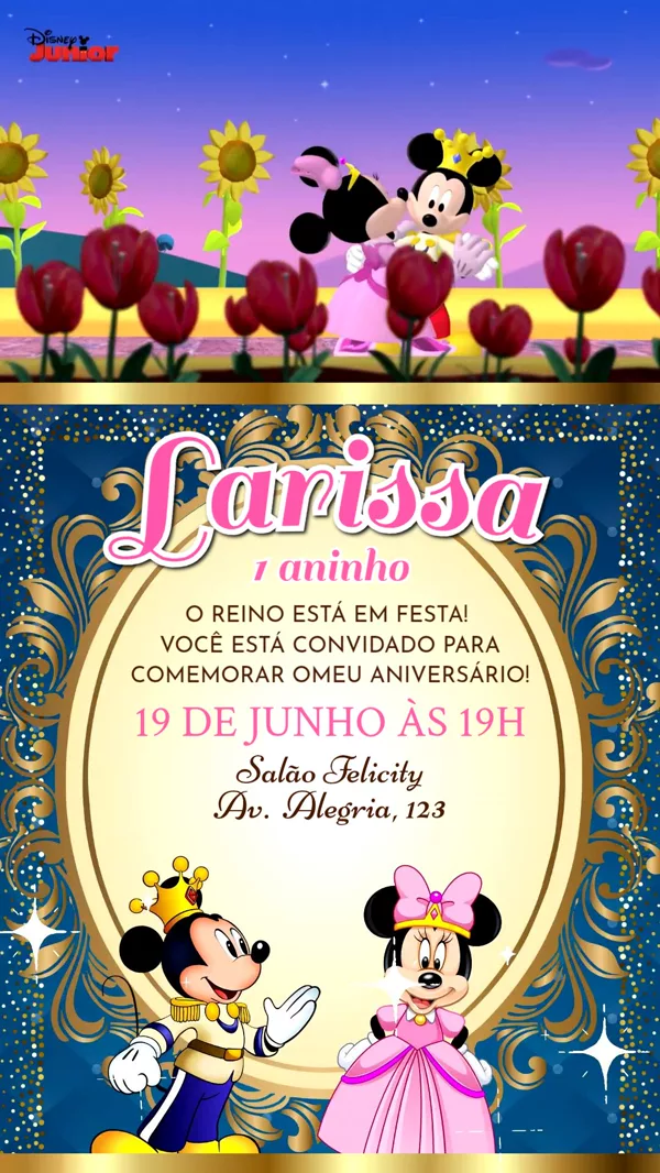 Convite Animado Aniversário Mickey e Realeza Para Editar Online