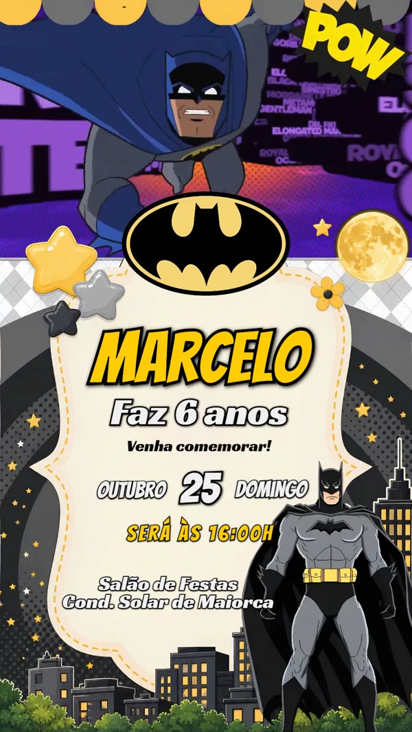 Convite Animado Aniversário Batman Noturna Para Editar Online