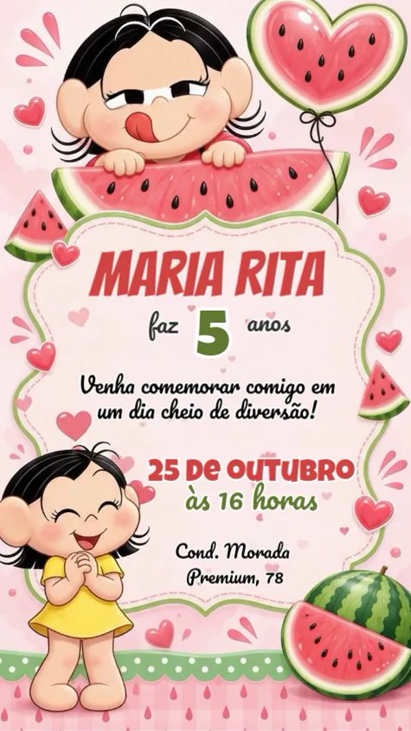 Convite Animado Aniversário Magali Melancia Para Editar Online