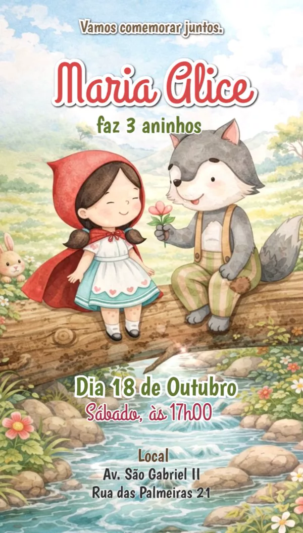 Convite Animado Aniversário Chapeuzinho Lobo Para Editar Online