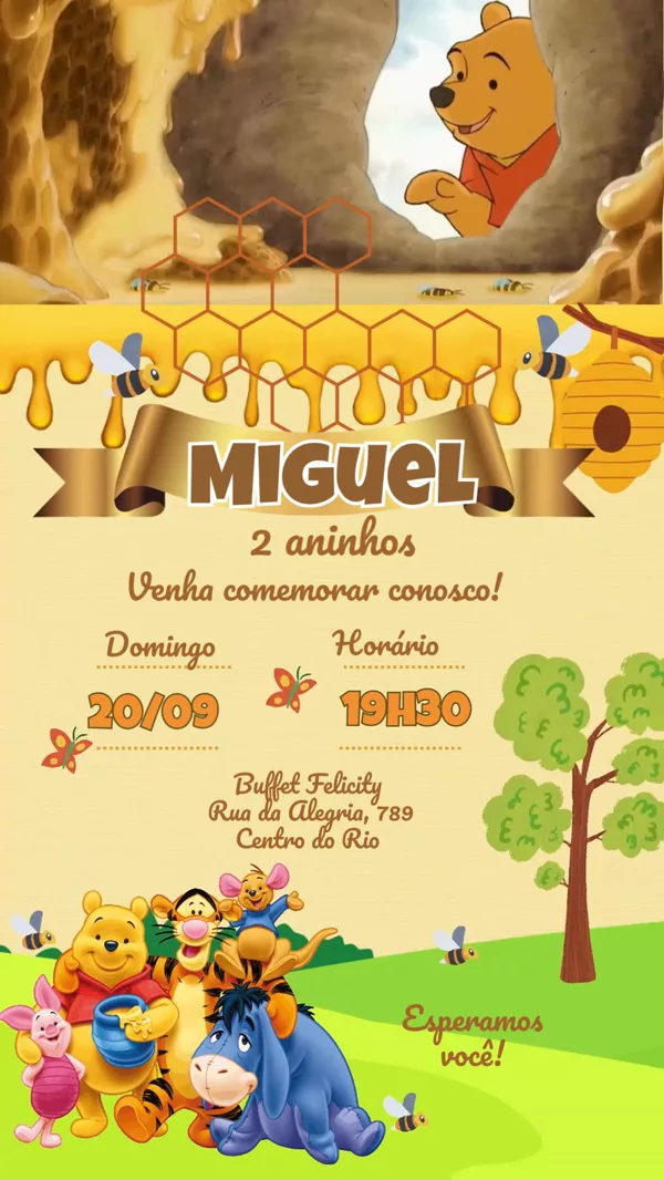Convite Animado Aniversário Ursinho Pooh Mel Para Editar Online