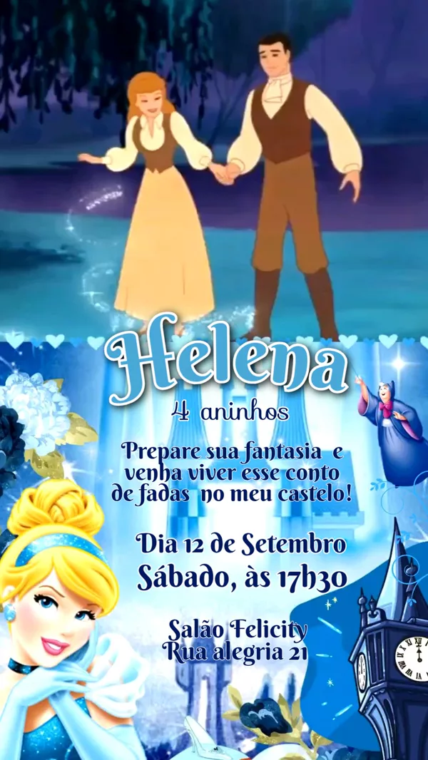 Convite Animado Aniversário Cinderela Azul Para Editar Online