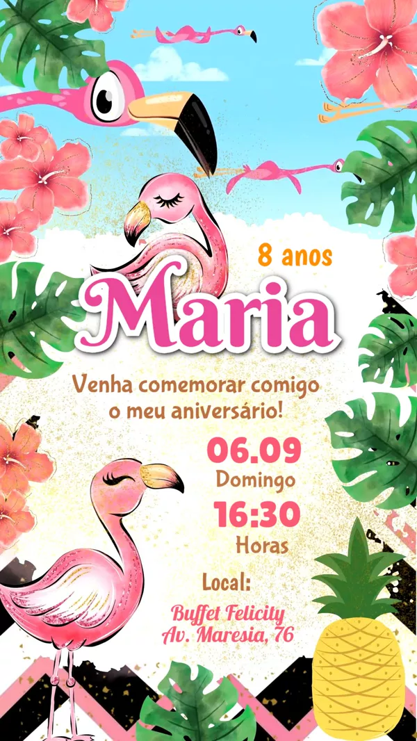 Convite Animado Aniversário Flamingo Tropical Para Editar Online