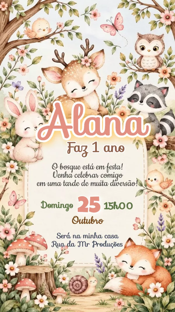 Convite Animado Aniversário Bosque Encantado Para Editar Online