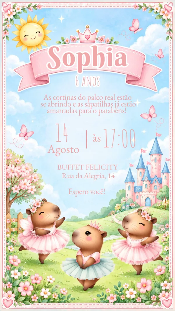 Convite Aniversário Capivara Bailarina Para Editar Online