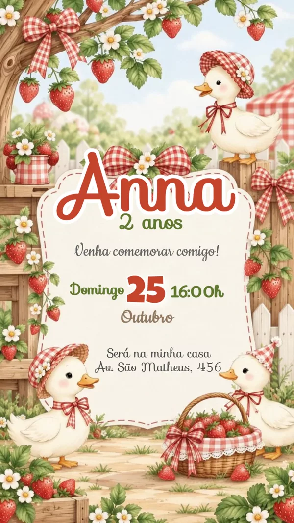 Convite Animado Aniversário Patinhos e Morangos Para Editar Online