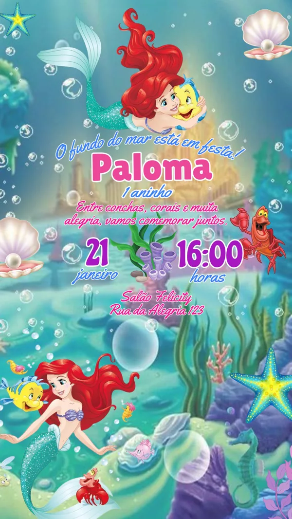 Convite Aniversário Princesa Ariel Para Editar Online