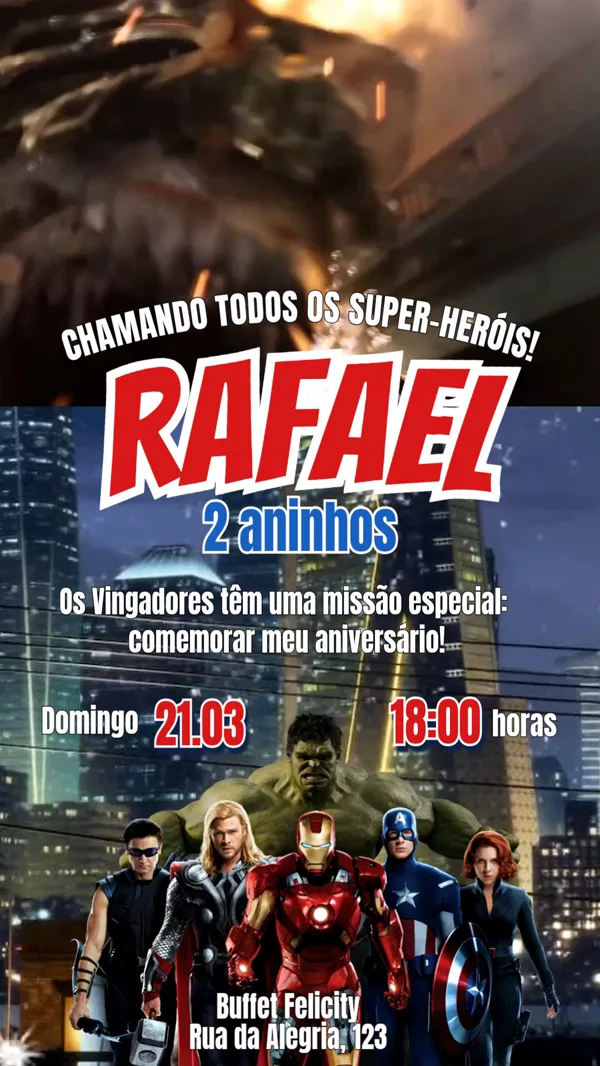Convite Animado Aniversário Vingadores Noturna Para Editar Online