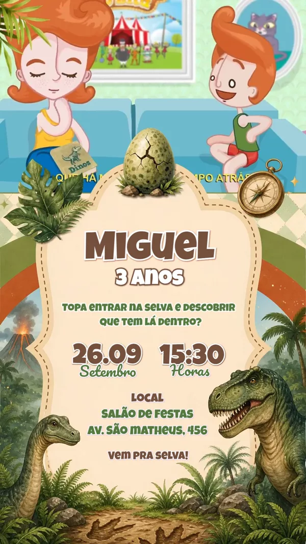 Convite Animado Aniversário Dinossauro Selva Para Editar Online