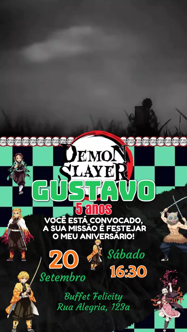 Convite Animado Aniversário Demon Slayer Para Editar Online