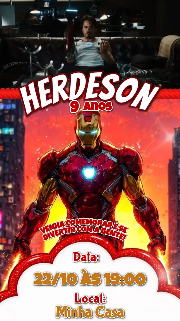 Convite Animado Aniversário Homem de Ferro Para Editar Online