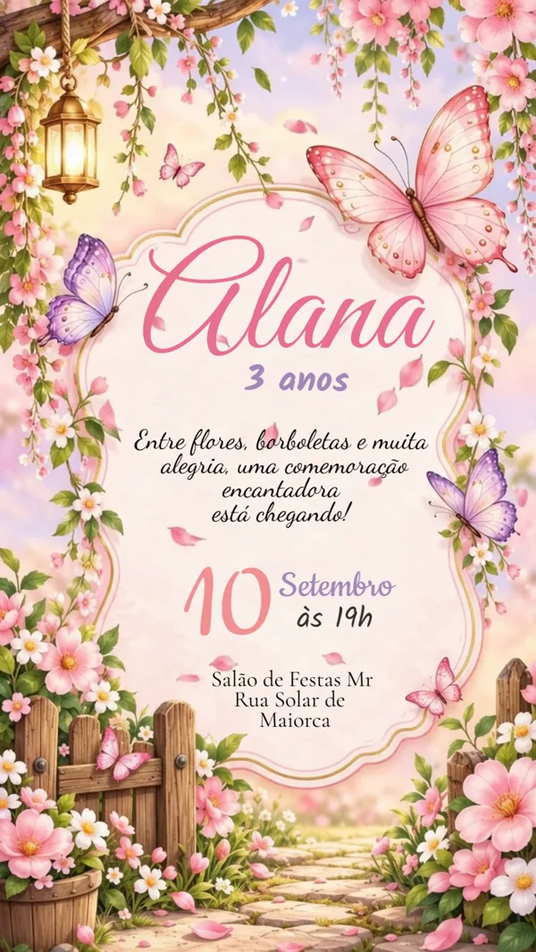 Convite Animado Aniversário Borboletas Jardim Rosa Para Editar Online