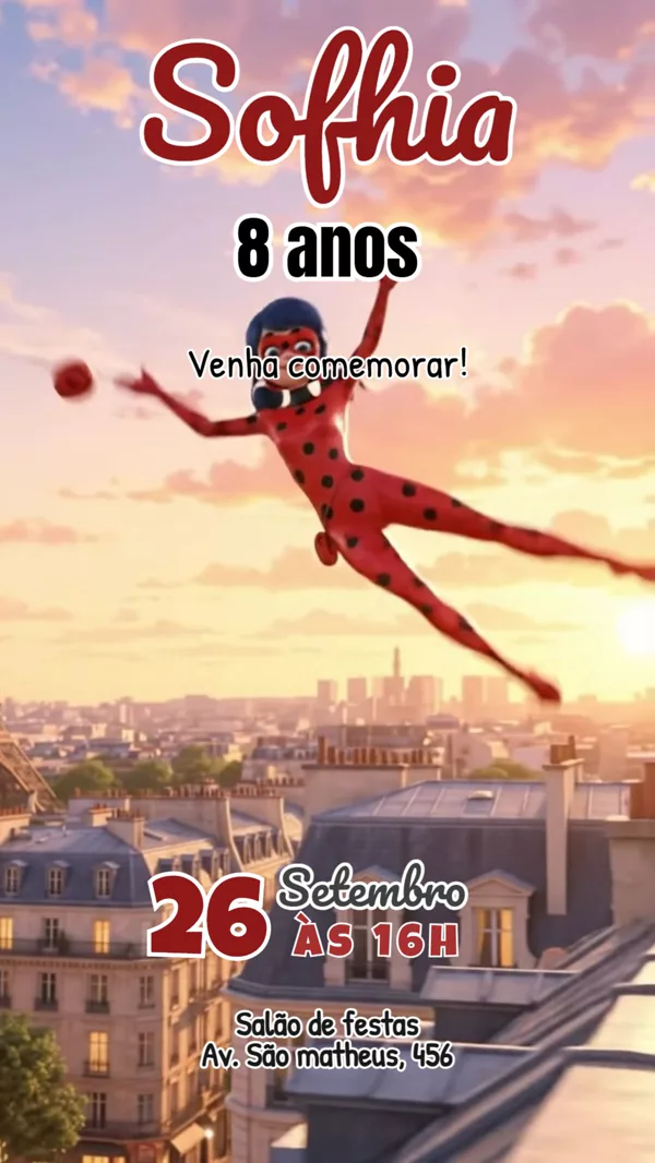 Convite Animado Aniversário Ladybug Paris Para Editar Online