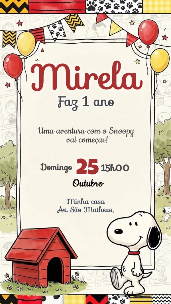 Convite Animado Aniversário Snoopy Vermelho Para Editar Online