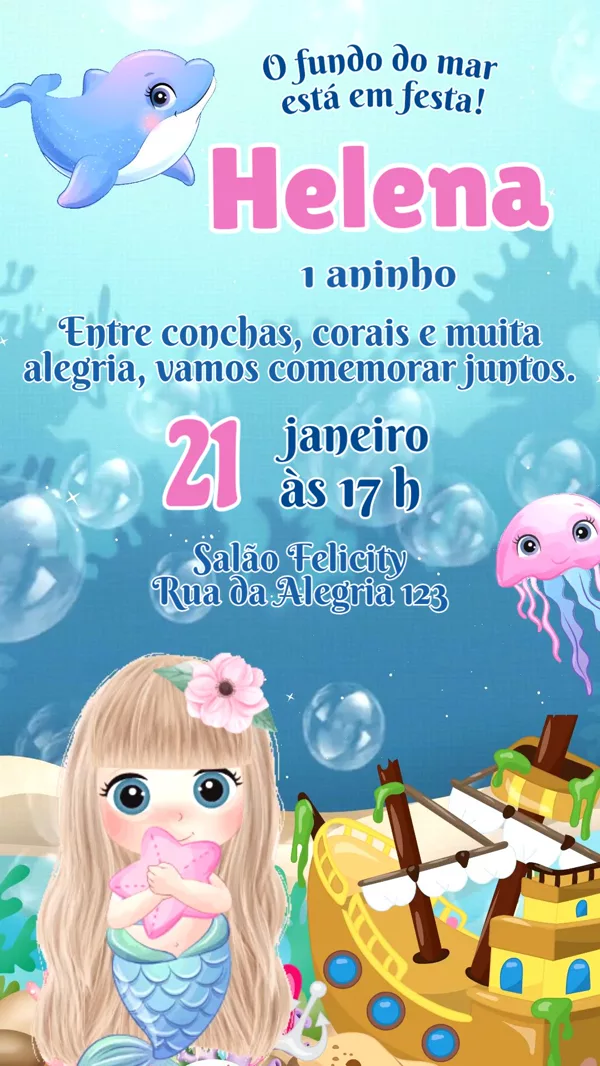 Convite Animado Aniversário Sereia Navio Pirata Para Editar Online