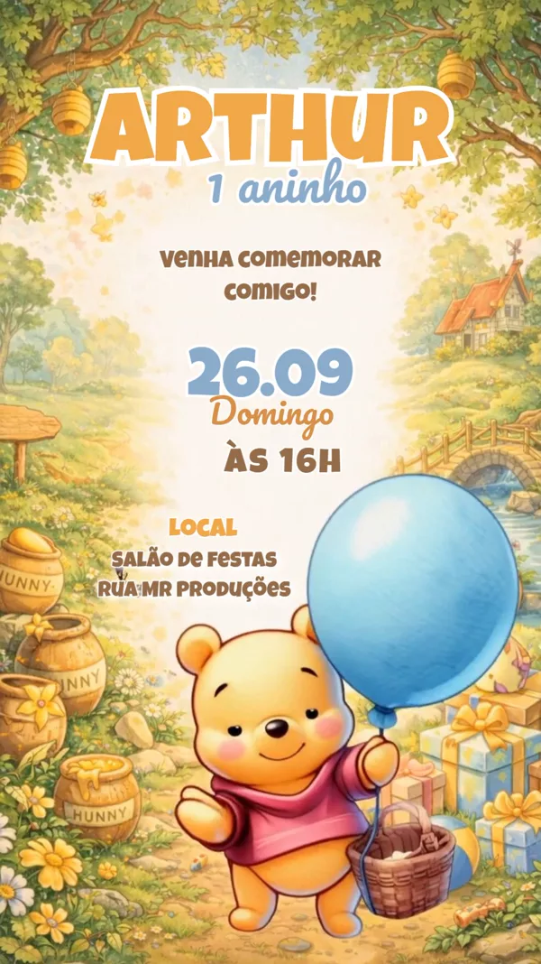 Convite Animado Aniversário Ursinho Pooh Bosque Para Editar Online