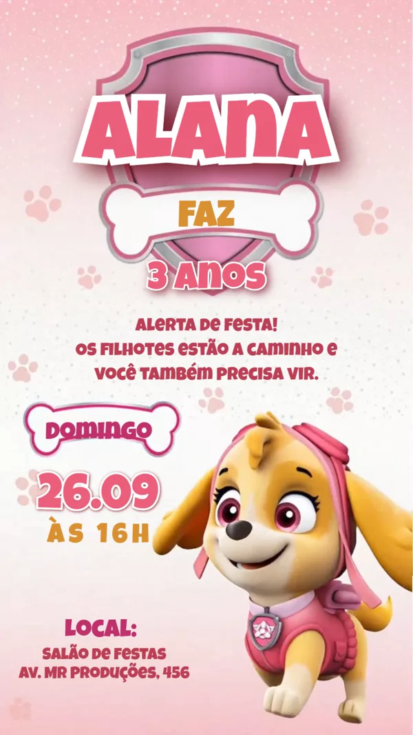 Convite Animado Aniversário Patrulha Canina Skye Para Editar Online