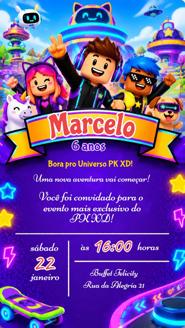 Convite Aniversário PK XD Roxo Neon Para Editar Online
