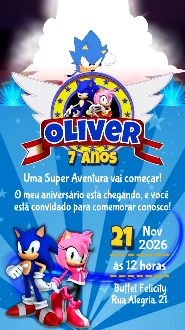 Convite Animado Aniversário Sonic e Amy Para Editar Online